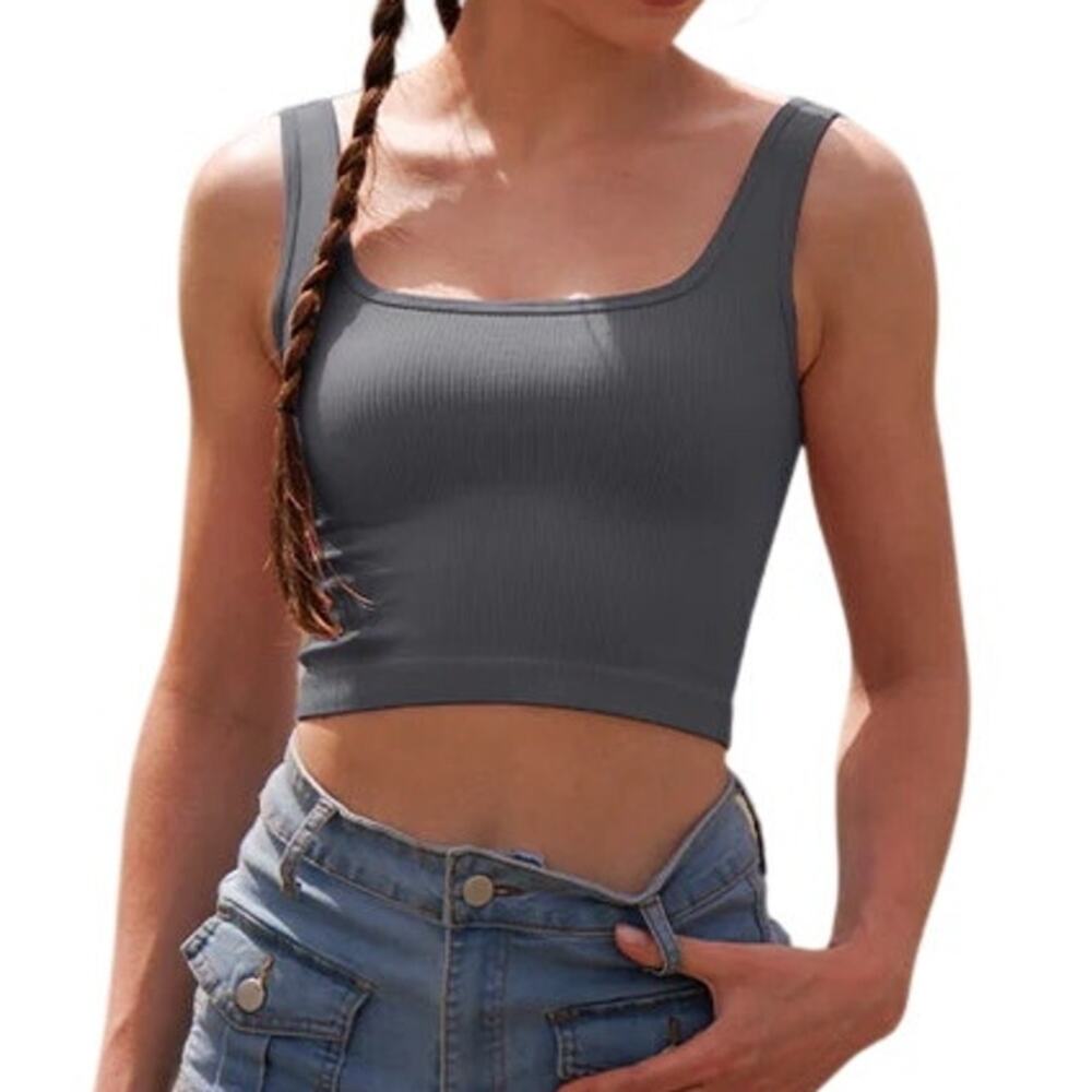Small Dark Grey Ribbed Sleeveless Seamless Inner/Yoga/Tank Crop Top [OQQ3-Gray]